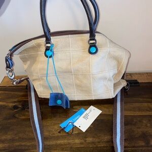Gabs Italy Piatta Patchwork Tan & Blue Satchel Crossbody Purse NWT